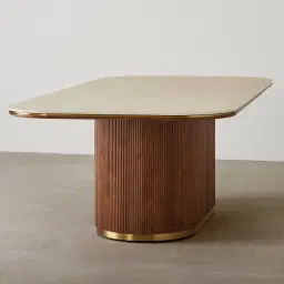 San Pierre Walnut Veneer Single Leg Rectangular Dining Table with Travertine Finish Sintered Stone Top - 270x120cm