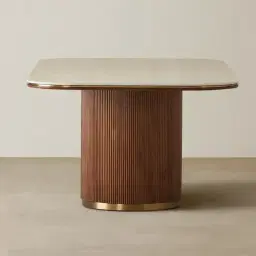 San Pierre Walnut Veneer Single Leg Rectangular Dining Table with Travertine Finish Sintered Stone Top - 270x120cm