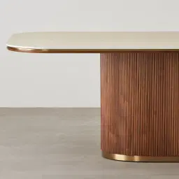 San Pierre Walnut Veneer Single Leg Rectangular Dining Table with Travertine Finish Sintered Stone Top - 270x120cm