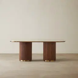 San Pierre Walnut Veneer Two-Leg Rectangular Dining Table with Travertine Finish Sintered Stone Top - 200x110cm