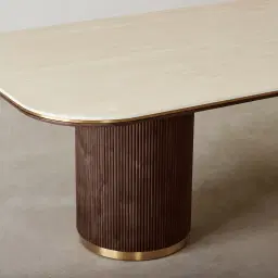 San Pierre Ebony Brown Ash Veneer Two-Leg Rectangular Dining Table with Travertine Finish Sintered Stone Top - 200x110cm