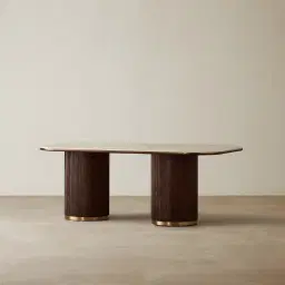 San Pierre Ebony Brown Ash Veneer Two-Leg Rectangular Dining Table with Travertine Finish Sintered Stone Top - 200x110cm