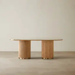 San Pierre Light Brown Ash Veneer Two-Leg Rectangular Dining Table with Travertine Finish Sintered Stone Top - 200x110cm