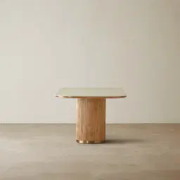 San Pierre Light Brown Ash Veneer Two-Leg Rectangular Dining Table with Travertine Finish Sintered Stone Top - 200x110cm