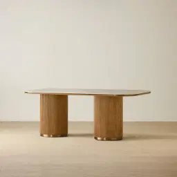 San Pierre Light Brown Ash Veneer Two-Leg Rectangular Dining Table with Travertine Finish Sintered Stone Top - 200x110cm