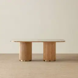 San Pierre Light Brown Ash Veneer Two-Leg Rectangular Dining Table with Travertine Finish Sintered Stone Top - 200x110cm