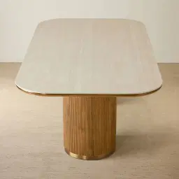 San Pierre Light Brown Ash Veneer Two-Leg Rectangular Dining Table with Travertine Finish Sintered Stone Top - 200x110cm