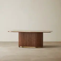 San Pierre Walnut Veneer Single Leg Rectangular Dining Table with Travertine Finish Sintered Stone Top - 200x110cm