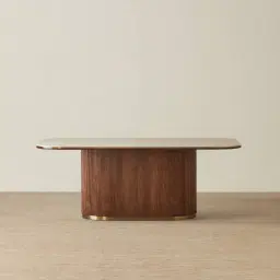 San Pierre Walnut Veneer Single Leg Rectangular Dining Table with Travertine Finish Sintered Stone Top - 200x110cm