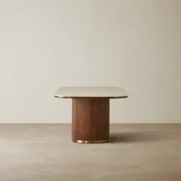 San Pierre Walnut Veneer Single Leg Rectangular Dining Table with Travertine Finish Sintered Stone Top - 200x110cm