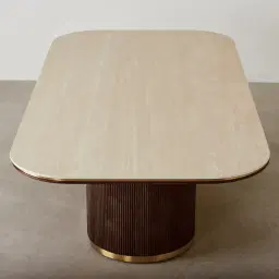 San Pierre Ebony Brown Ash Veneer Single Leg Rectangular Dining Table with Travertine Finish Sintered Stone Top - 200x110cm