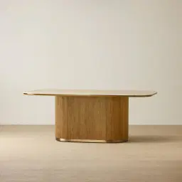 San Pierre Light Brown Ash Veneer Single Leg Rectangular Dining Table with Travertine Finish Sintered Stone Top - 200x110cm