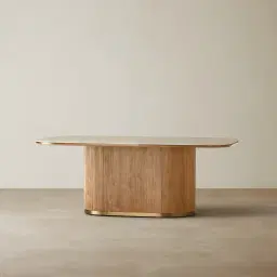 San Pierre Light Brown Ash Veneer Single Leg Rectangular Dining Table with Travertine Finish Sintered Stone Top - 200x110cm