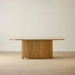 San Pierre Light Brown Ash Veneer Single Leg Rectangular Dining Table with Travertine Finish Sintered Stone Top - 200x110cm