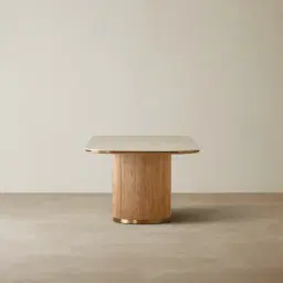 San Pierre Light Brown Ash Veneer Single Leg Rectangular Dining Table with Travertine Finish Sintered Stone Top - 200x110cm