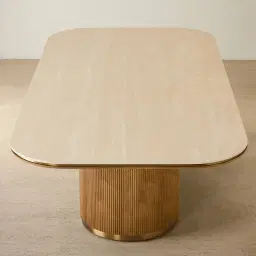 San Pierre Light Brown Ash Veneer Single Leg Rectangular Dining Table with Travertine Finish Sintered Stone Top - 200x110cm