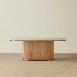 San Pierre Light Brown Ash Veneer Single Leg Rectangular Dining Table with Travertine Finish Sintered Stone Top - 200x110cm
