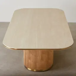 San Pierre Light Brown Ash Veneer Single Leg Rectangular Dining Table with Travertine Finish Sintered Stone Top - 200x110cm