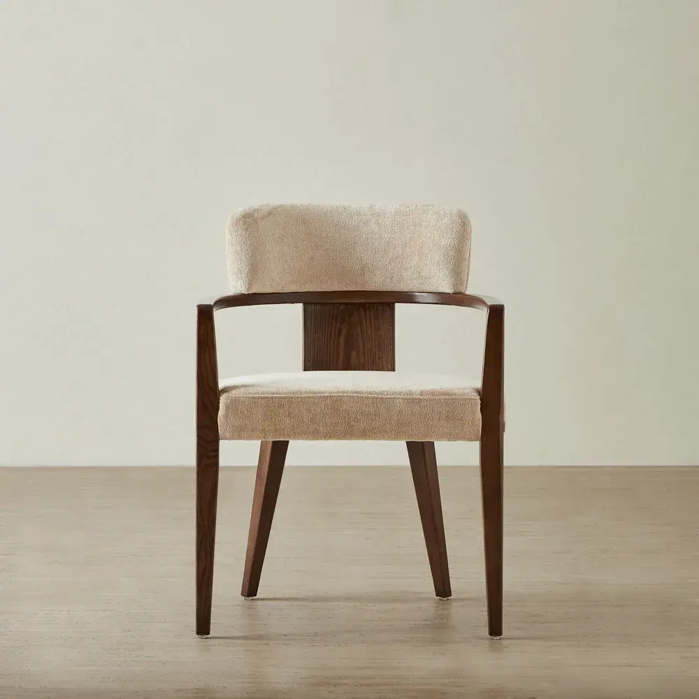 Lila Soft Beige Fabric Dining Chair - Amber Brown Wooden Legs