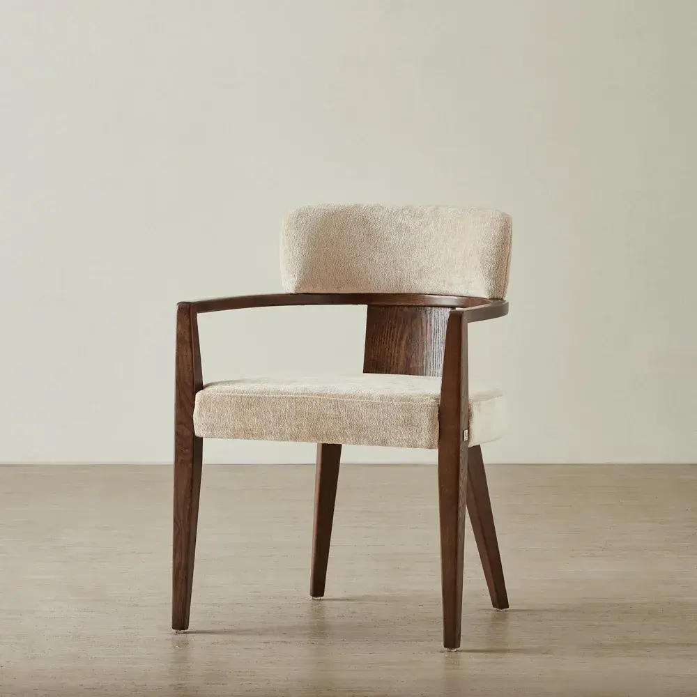 Lila Soft Beige Fabric Dining Chair - Amber Brown Wooden Legs