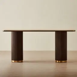 San Pierre Ebony Brown Ash Veneer Two-Leg Console Table with Travertine Finish Sintered Stone Top