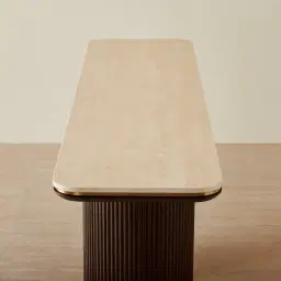 San Pierre Ebony Brown Ash Veneer Two-Leg Console Table with Travertine Finish Sintered Stone Top