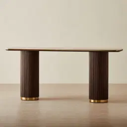 San Pierre Ebony Brown Ash Veneer Two-Leg Console Table with Travertine Finish Sintered Stone Top