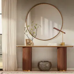 San Pierre Ebony Brown Ash Veneer Two-Leg Console Table with Travertine Finish Sintered Stone Top