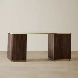 San Pierre Ebony Brown Ash Veneer Study Desk with Travertine Finish Sintered Stone Top