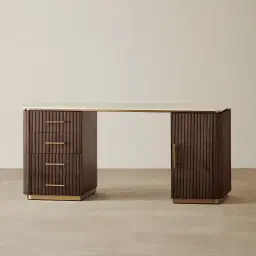 San Pierre Ebony Brown Ash Veneer Study Desk with Travertine Finish Sintered Stone Top