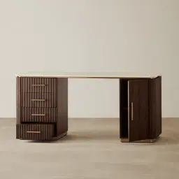 San Pierre Ebony Brown Ash Veneer Study Desk with Travertine Finish Sintered Stone Top