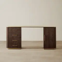 San Pierre Ebony Brown Ash Veneer Study Desk with Travertine Finish Sintered Stone Top