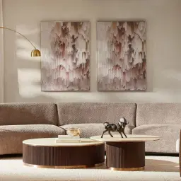 San Pierre Ebony Brown Ash Veneer Low Round Coffee Table with Cream Travertine Finish Sintered Stone Top