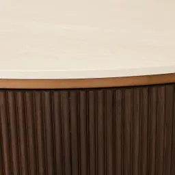 San Pierre Ebony Brown Ash Veneer Low Round Coffee Table with Cream Travertine Finish Sintered Stone Top