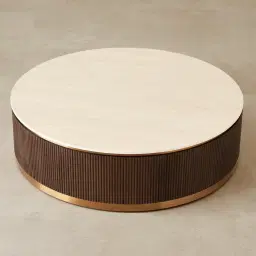 San Pierre Ebony Brown Ash Veneer Low Round Coffee Table with Cream Travertine Finish Sintered Stone Top