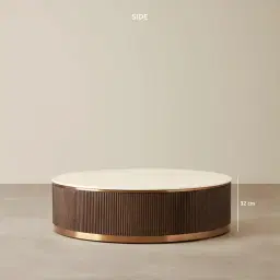 San Pierre Ebony Brown Ash Veneer Low Round Coffee Table with Cream Travertine Finish Sintered Stone Top