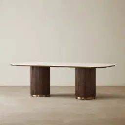 San Pierre Ebony Brown Ash Veneer Two-Leg Rectangular Dining Table with Cream Travertine Finish Sintered Stone Top - 240x120cm