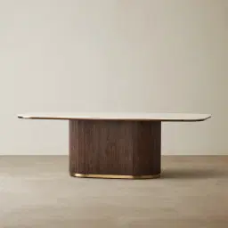 San Pierre Ebony Brown Ash Veneer Single Leg Rectangular Dining Table with Cream Travertine Finish Sintered Stone Top - 240x120cm