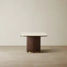 San Pierre Ebony Brown Ash Veneer Single Leg Rectangular Dining Table with Cream Travertine Finish Sintered Stone Top - 240x120cm