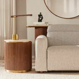 San Pierre Ebony Brown Ash Veneer Side Table with Cream Travertine Finish Sintered Stone Top