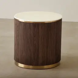 San Pierre Ebony Brown Ash Veneer Side Table with Cream Travertine Finish Sintered Stone Top