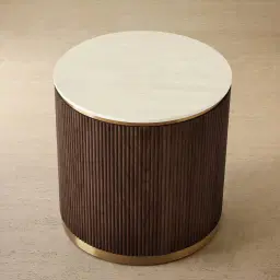 San Pierre Ebony Brown Ash Veneer Side Table with Cream Travertine Finish Sintered Stone Top