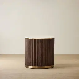 San Pierre Ebony Brown Ash Veneer Side Table with Cream Travertine Finish Sintered Stone Top