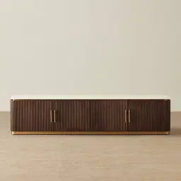 San Pierre Ebony Brown Ash Veneer Entertainment Unit with Cream Travertine Finish Sintered Stone Top