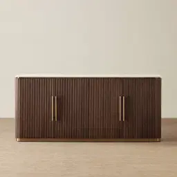 San Pierre Ebony Brown Ash Veneer Sideboard with Cream Travertine Finish Sintered Stone Top