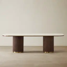 San Pierre Ebony Brown Ash Veneer Two-Leg Rectangular Dining Table with Cream Travertine Finish Sintered Stone Top - 270x120cm