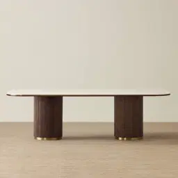 San Pierre Ebony Brown Ash Veneer Two-Leg Rectangular Dining Table with Cream Travertine Finish Sintered Stone Top - 270x120cm