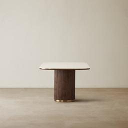 San Pierre Ebony Brown Ash Veneer Two-Leg Rectangular Dining Table with Cream Travertine Finish Sintered Stone Top - 270x120cm