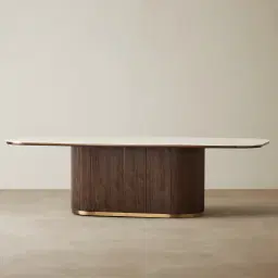 San Pierre Ebony Brown Ash Veneer Single Leg Rectangular Dining Table with Cream Travertine Finish Sintered Stone Top - 270x120cm