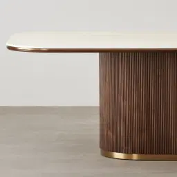 San Pierre Ebony Brown Ash Veneer Single Leg Rectangular Dining Table with Cream Travertine Finish Sintered Stone Top - 270x120cm